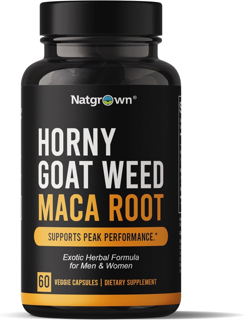 Natgrown Horny Goat Weed e Maca Estratto di radice Supplemento per gli uomini e le donne (Epimedium Extract, Hornygoatweed) Vegan Capsules - 60 Ct