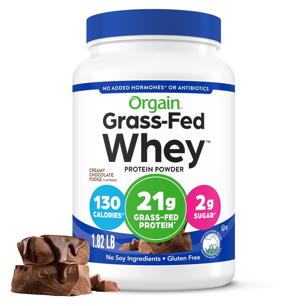 Orgain Whey Protein Powder, Fudge di cioccolato cremoso - 21g Grass Fed Dairy Protein, 5g BCAAs, 4g Prebiotic Fiber, No Sugar Aggiunto, Senza ormoni aggiunti, Gluten Free, Kosher, For Shakes & Smoothies - 1.82lb