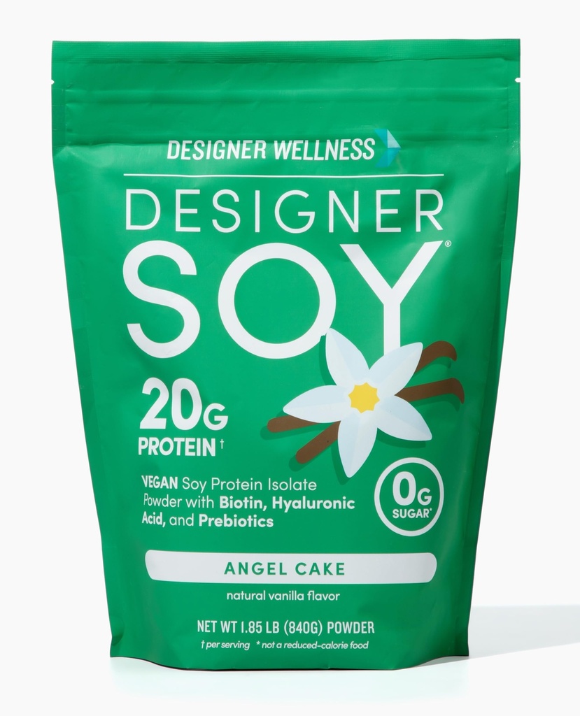 Designer Wellness, Soy Isolate Protein Pulver mit Biotin, Hyaluronsäure und Präbiotika, Vegan, 0 Zucker, Non-GMO, Angel Cake Vanilla, 1,87 lb