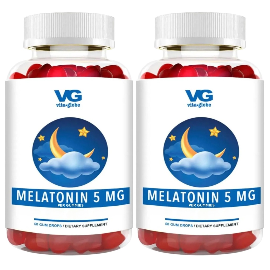 VITA GLOBE Mélatonine 5mg Aide au sommeil Vitamines Gommy- Non-OGM, Vegan et Supplément d'aide au sommeil, Soulage l'insomnie occasionnelle, 100 Compte (paquet de 2)