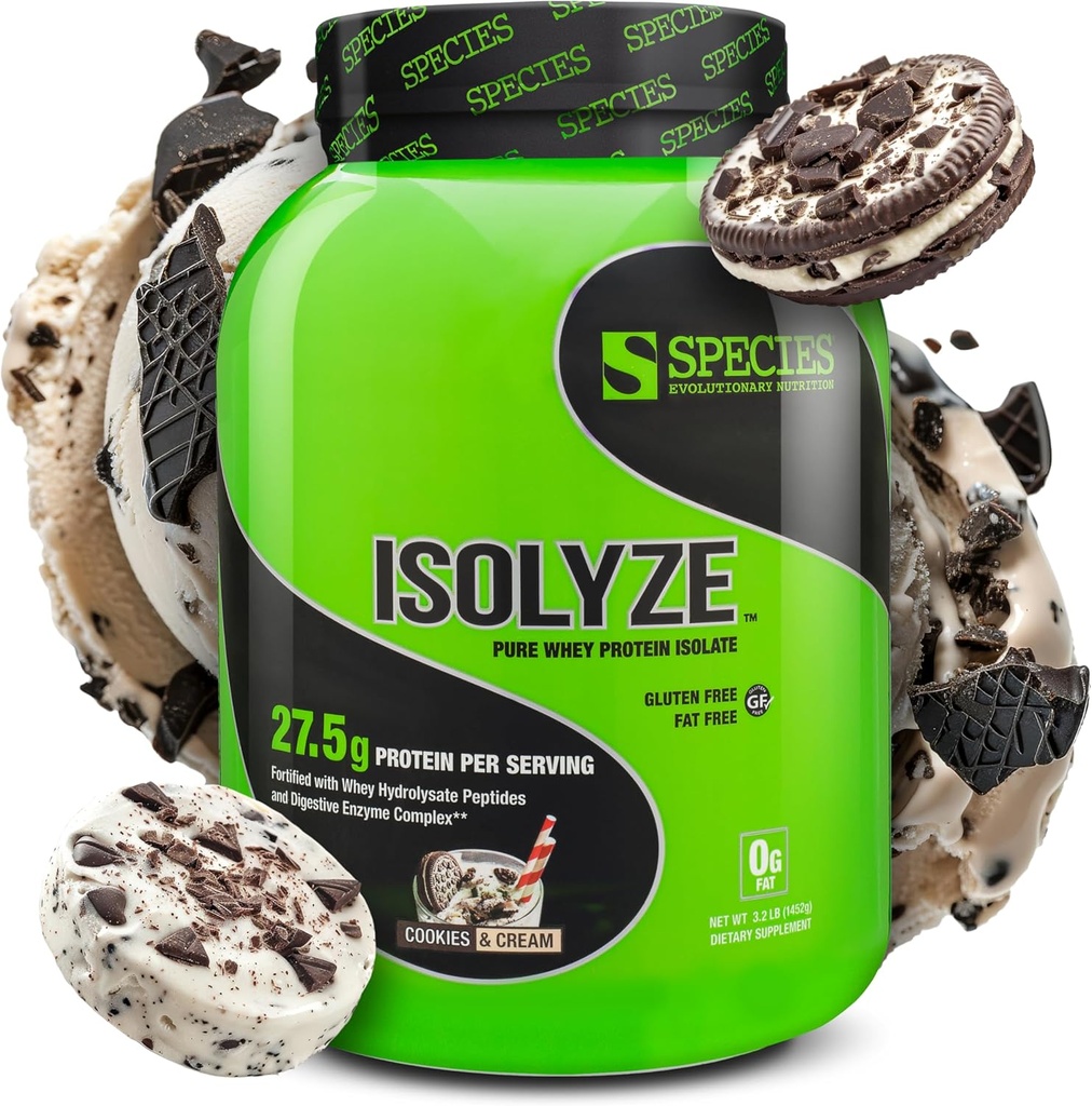 Specie Nutrition Isolyze Whey Protein Powder, 100% Whey Isolate for Muscle Building, 27.5g Protein Per Scoop, No Sugar & Low Fat (Cookies & Cream, 44 Servings)