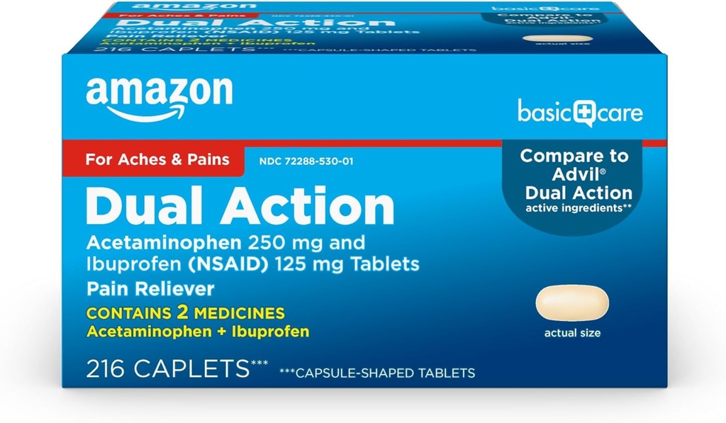 Cura di base Azione doppia Acetaminofene 250 mg e Ibuprofene (NSAID) 125 mg compresse, 216 Conte
