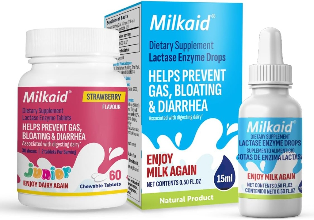 Milkaid Junior Lactase Enzyme Chewable Tablets per l'intolleranza al lattosio | Previene il gas, Bloating, Diarrea nei bambini