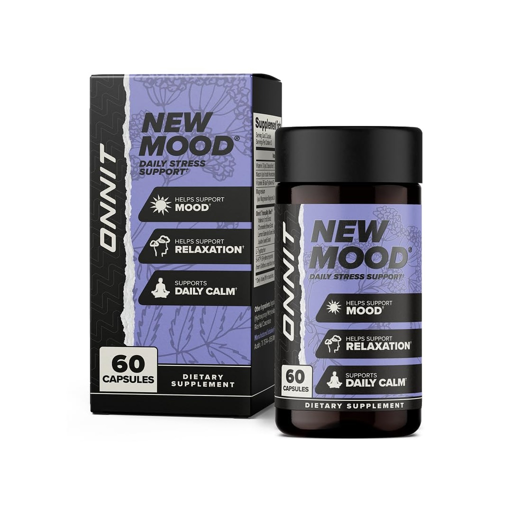 ONNIT New Mood Daily Stress Support Kapseln, IGENTM Non-GMO getestet, Schlaf und Stimmung Unterstützung Ergänzung für Männer und Frauen, Tägliche Stress Management Kapseln, 60 Zähler