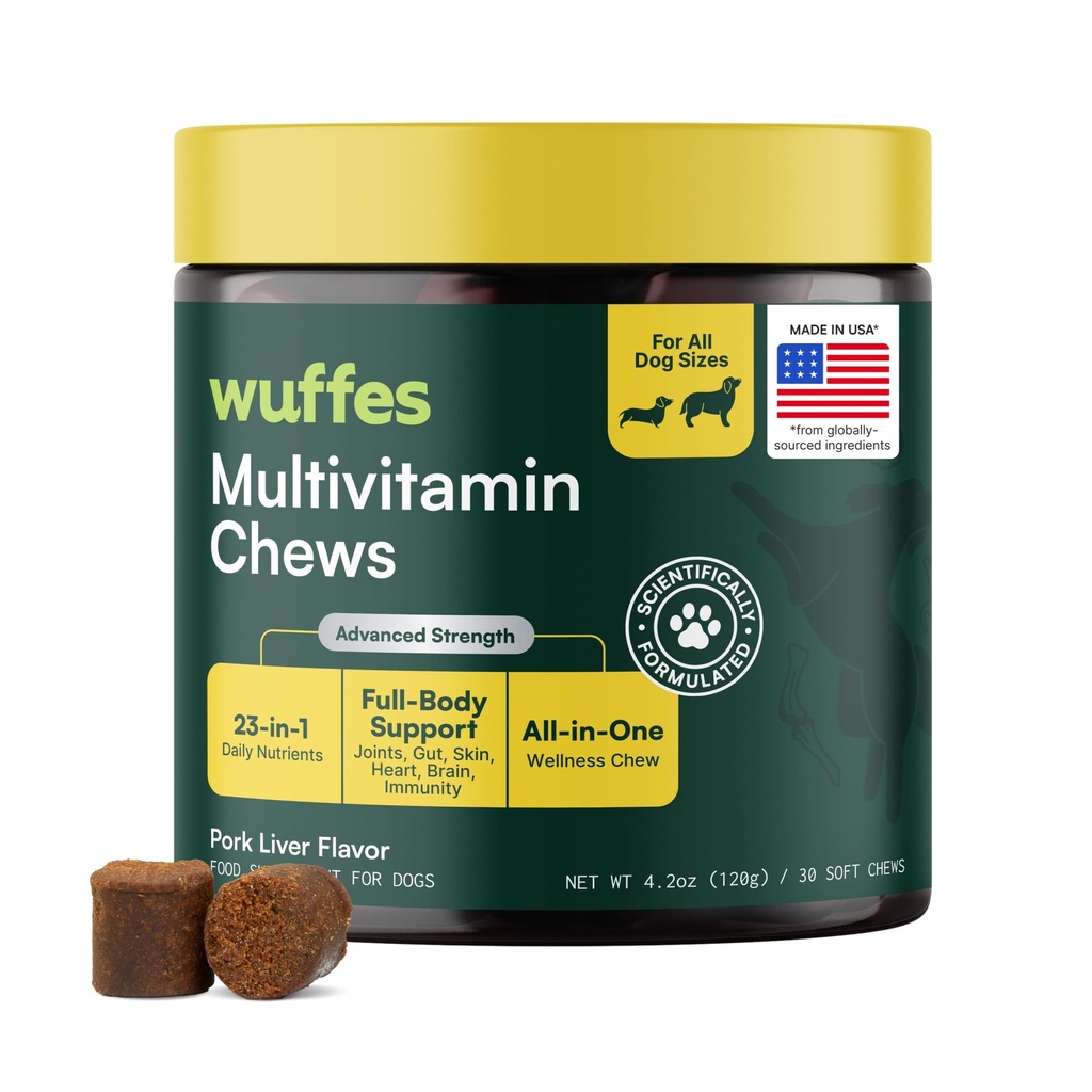 Wuffes 23-in-1 Dog Multivitamin Supplemento per Hip & Joint, Skin & Coat e Immune System Support con Omega 3, Ferro da stiro, Zinco, Vitamina C - Minerali e Vitamine per cani senior e cuccioli - 30 Soft Chews