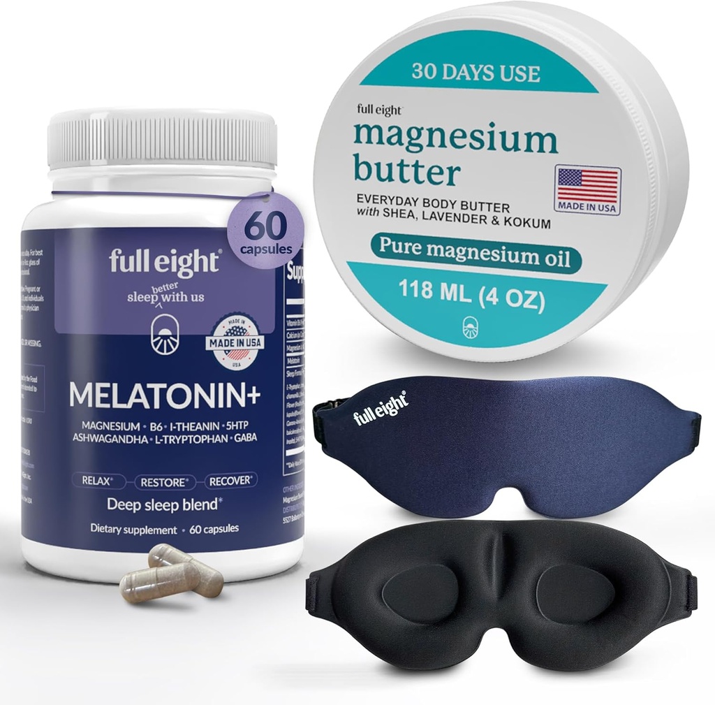 Sleep Bundle: 3D Light Blocking Sleep Mask, Melatonin+ Fast Dissolve Melatonin ergänzt 60 Kapseln und Magnesium Body Butter für gespannte Beine & Tight Muskeln, 4oz Creme