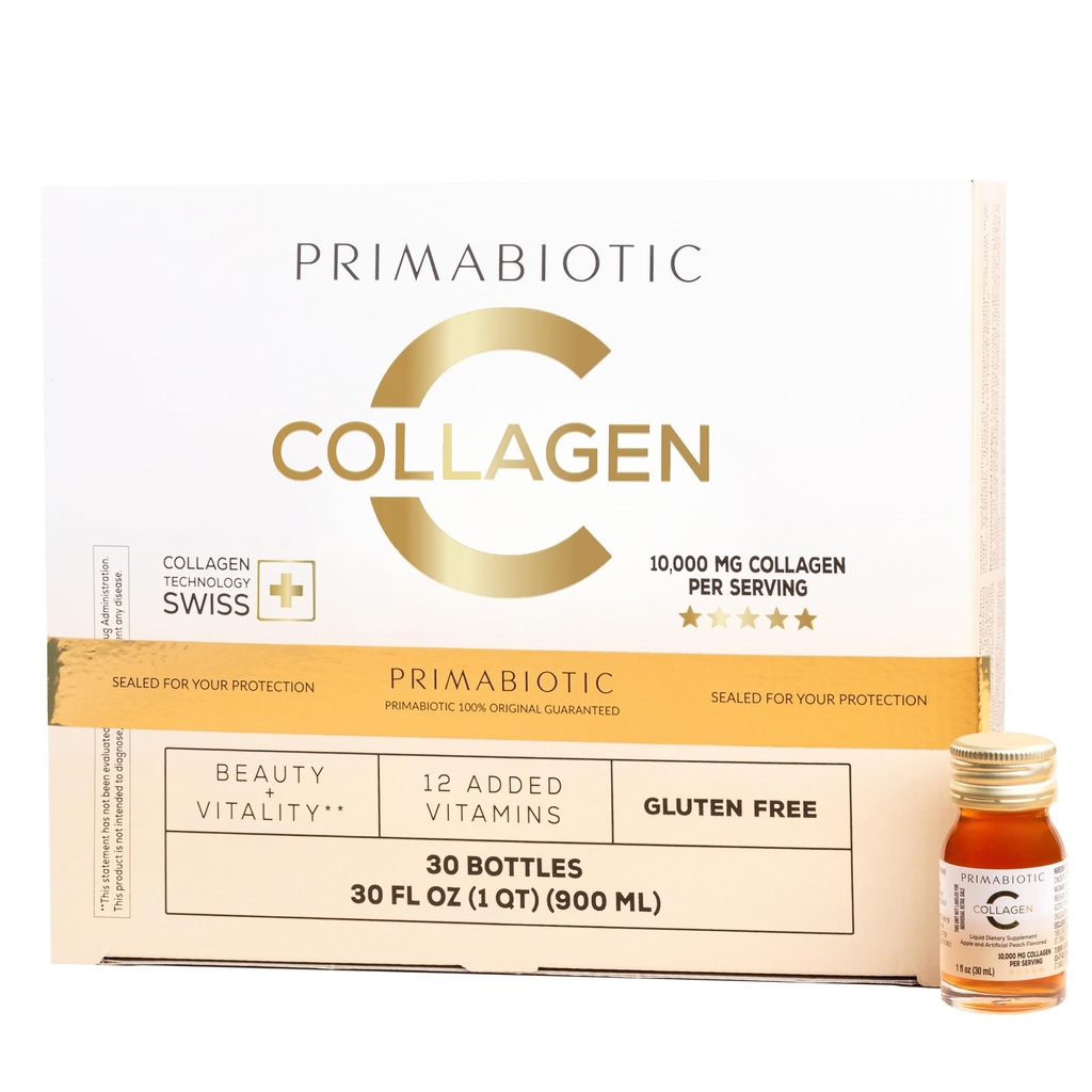 Collage liquido PRIMABIOTIC - Alto contenuto di collagene [10.000 Mg] Per porzione - Collage idrolizzato e 12 vitamine - Gluten Free- 900 Ml - Confezione di 30 bottiglie x 30 Ml (1)