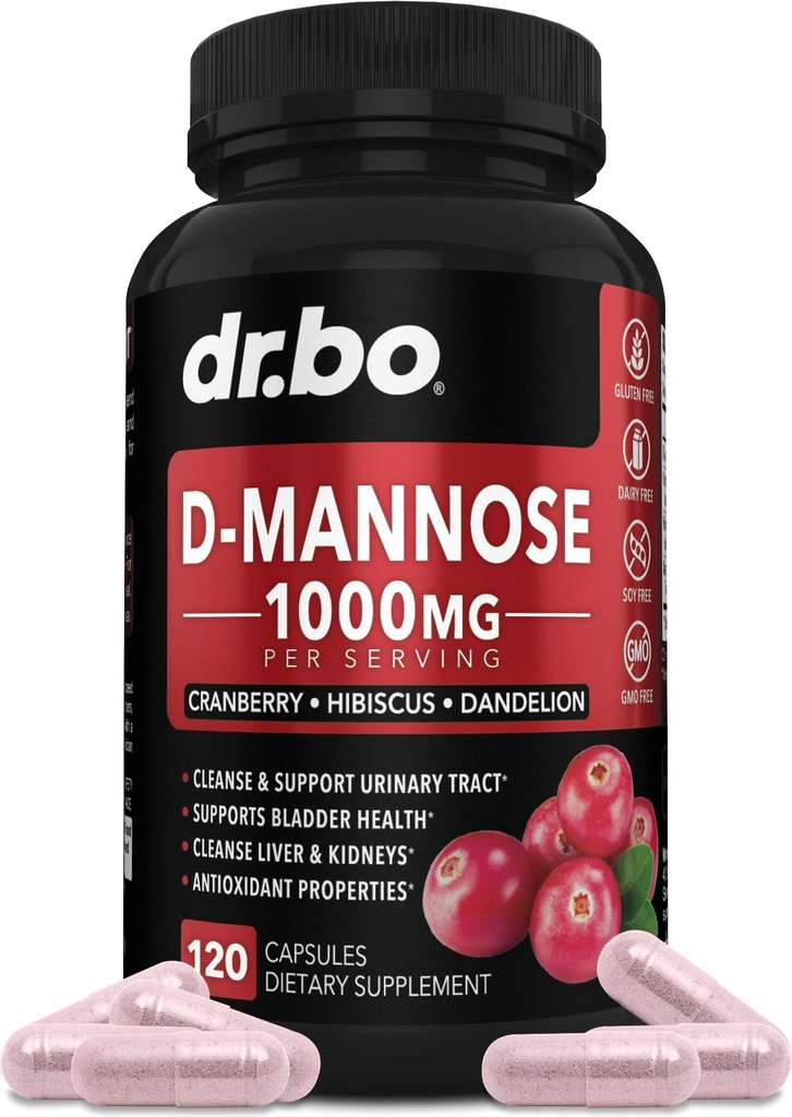 D Suppléments de mannose pour les pilules pour femmes - D-Mannose naturel 500mg Capsules, Cranberry DMannose Pills 1000mg par portion - Bladder Flush & Urinary Tract Cleanse Health Supplement - 120 Capsules de Veg