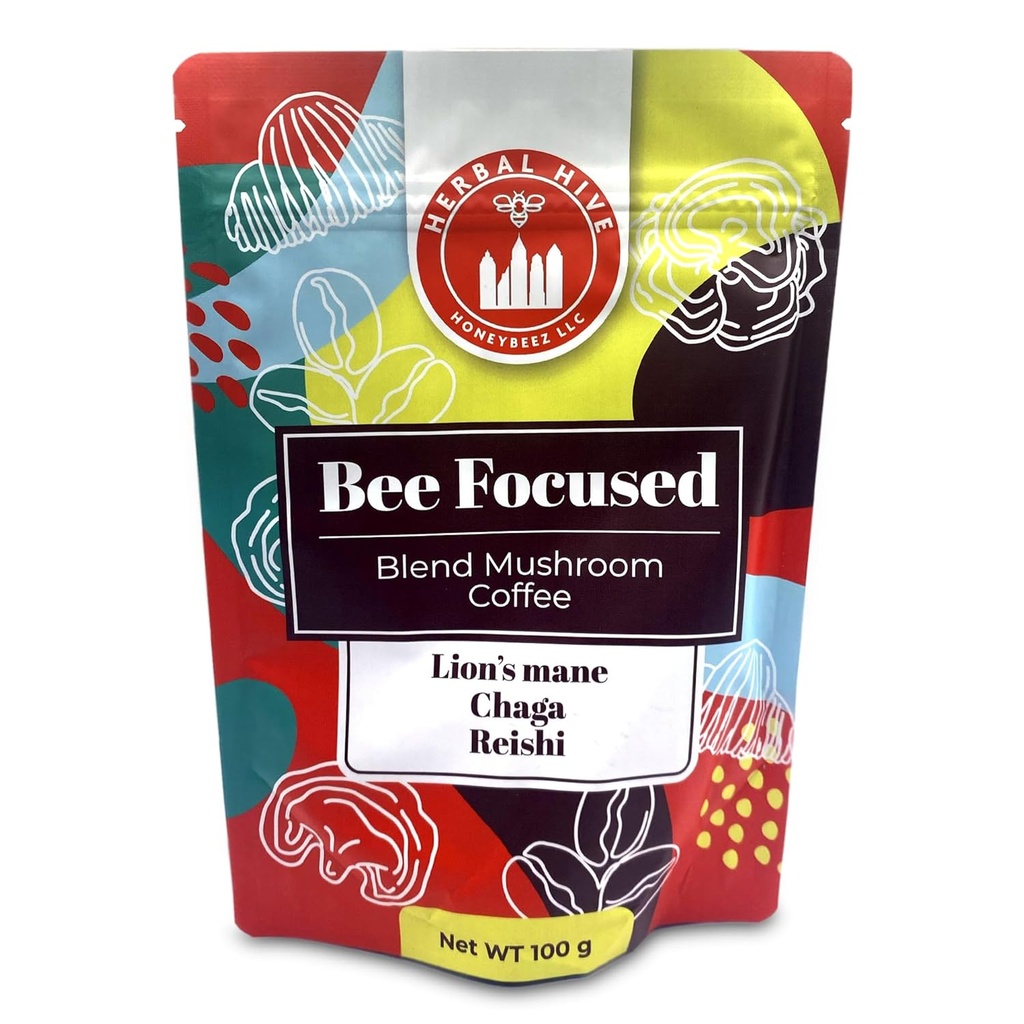 Caffè Fungo da Herbal Hive Bee Focused Include Adaptogens Reishi, Lion's Mane, e Chaga Superfood Basso Acido Immediato 30 Servings (3,5 oz, Dark Roast)