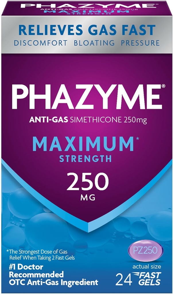 Phazyme Maximum* Stärke Anti-Gas 250 mg Simethicone Gas Relief für Erwachsene, schnelle Gele schnell lösen Bloating, Druck & Discomfort, 24 Count