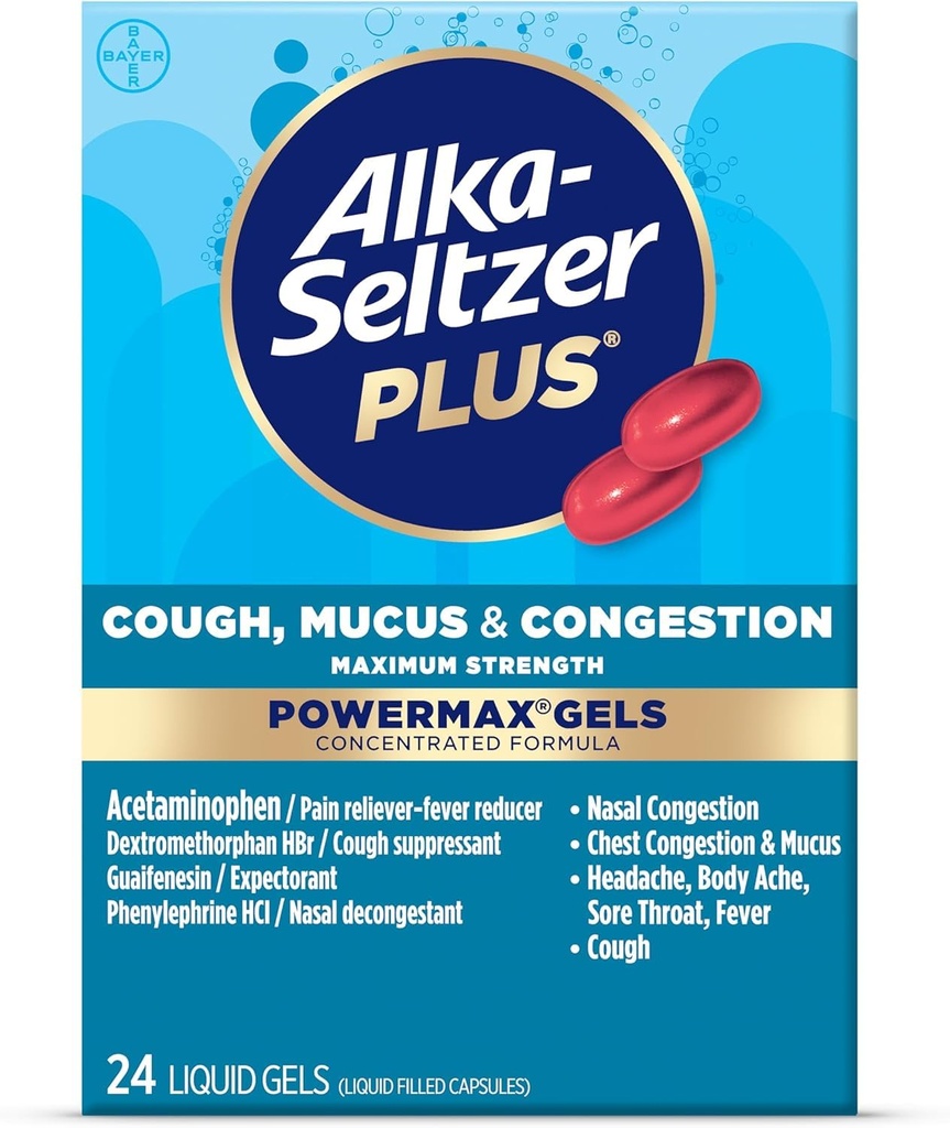 Alka-Seltzer Plus Massima Forza Tosse, Mucus & Congestion Powermax Gel Liquidi, Rilievo di Congestione Veloce ed Efficace, Suppressore della Tosse, Per Adulti e Bambini 12 Anni e Più Vecchio 24 Conte