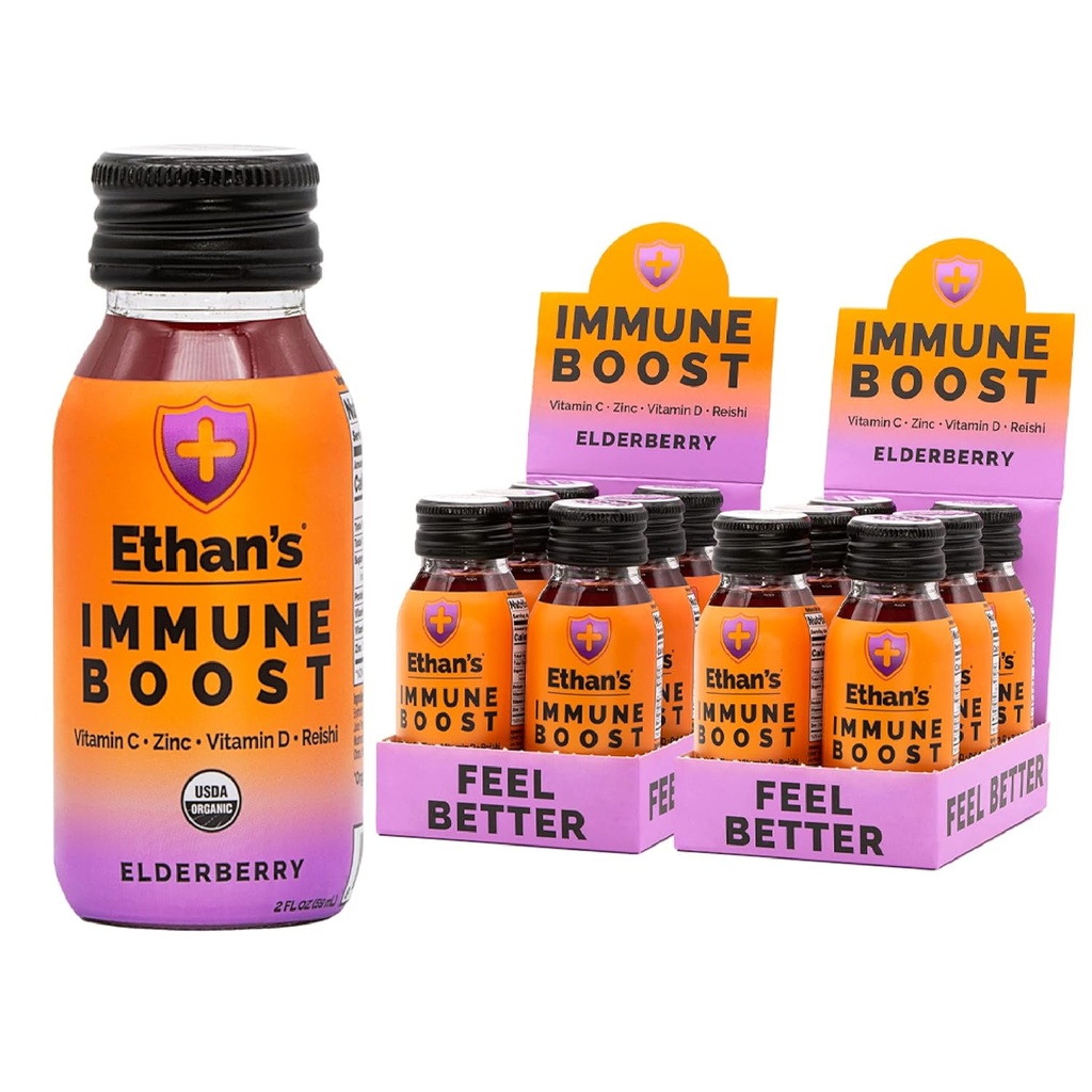 Ethan's Organic Immune Boost Shots, Elderberry Flavor. Feel Better. Immunity Support, Made with Real Fruit, Vitamin C, Vitamin D, Reishi, Zinc, with No Added Sugar (12 Pack of 2oz Shots)
