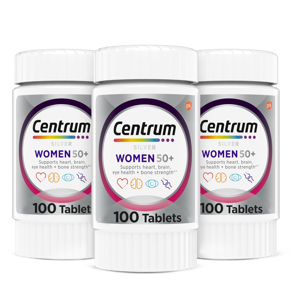Multivitamine d'argent centrum pour femmes 50 Plus, supplément multivitamine/multiminéral avec vitamine D3, vitamine B, calcium et antioxydants, sans gluten, ingrédients non OGM - 300 Nombre