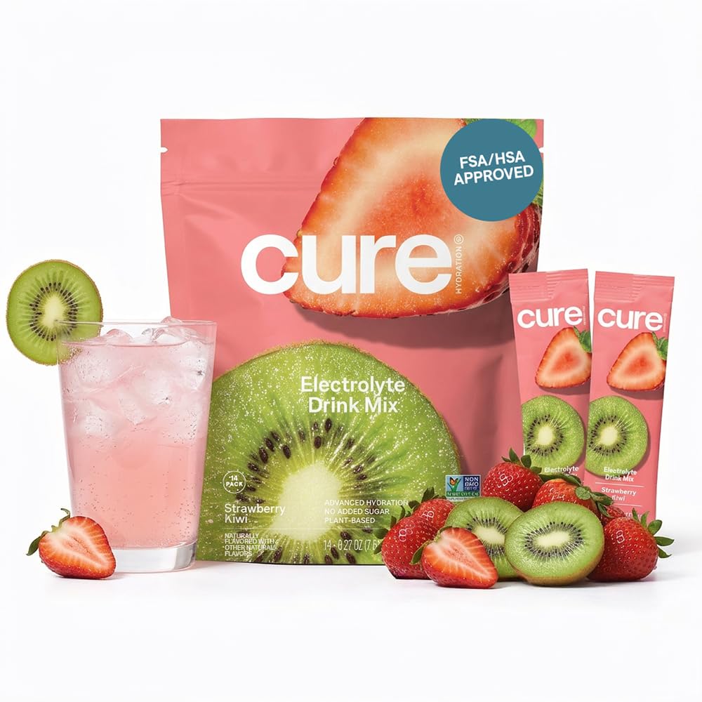 Cure Hydration | Pflanzenbasierte Elektrolyt-Getränk-Mischung | Kein hinzugefügter Zucker | FSA-HSA | Dehydratation Relief Pulver mit Kokoswasser hergestellt | Non-GMO | Vegan | Beutel von 14 Packungen - Erdbeer Kiwi
