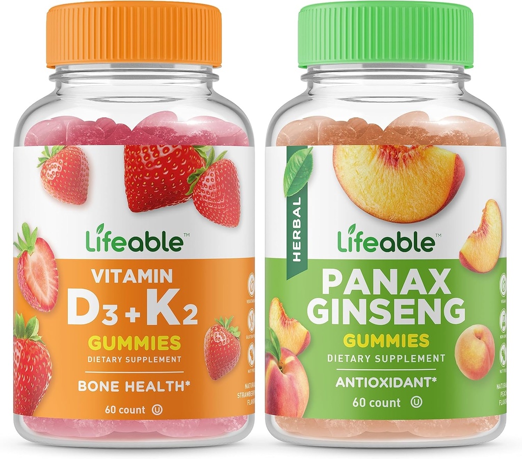 Lebensfähiges Vitamin D3 + Vitamin K2 + Panax Ginseng, Gummis Bundle - Große Verkostung, Vitamin-Ergänzung, Glutenfrei, GMO frei, Kaugummi