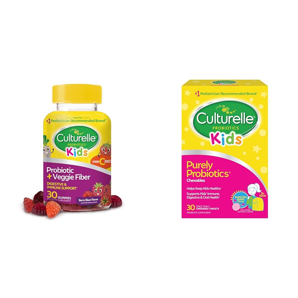 Culturelle Daily Probiotic for Kids + Veggie Fiber Gummies (Ages 3+) - 30 Count & Kids Chewable Daily Probiotic for Kids, Alter 3+, 30 Count, #1 Kinderarzt-Recommend