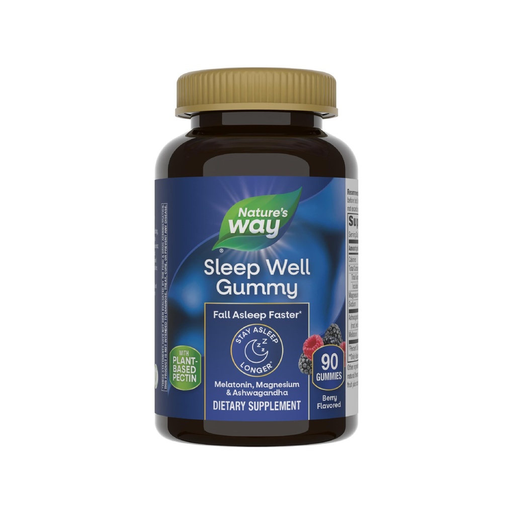 Nature’s Way Sleep Well Melatonin und Magnesium Gummis, Schlafunterstützung für Erwachsene*, mit Ashwagandha, Berry Flavored, 90 Gummies