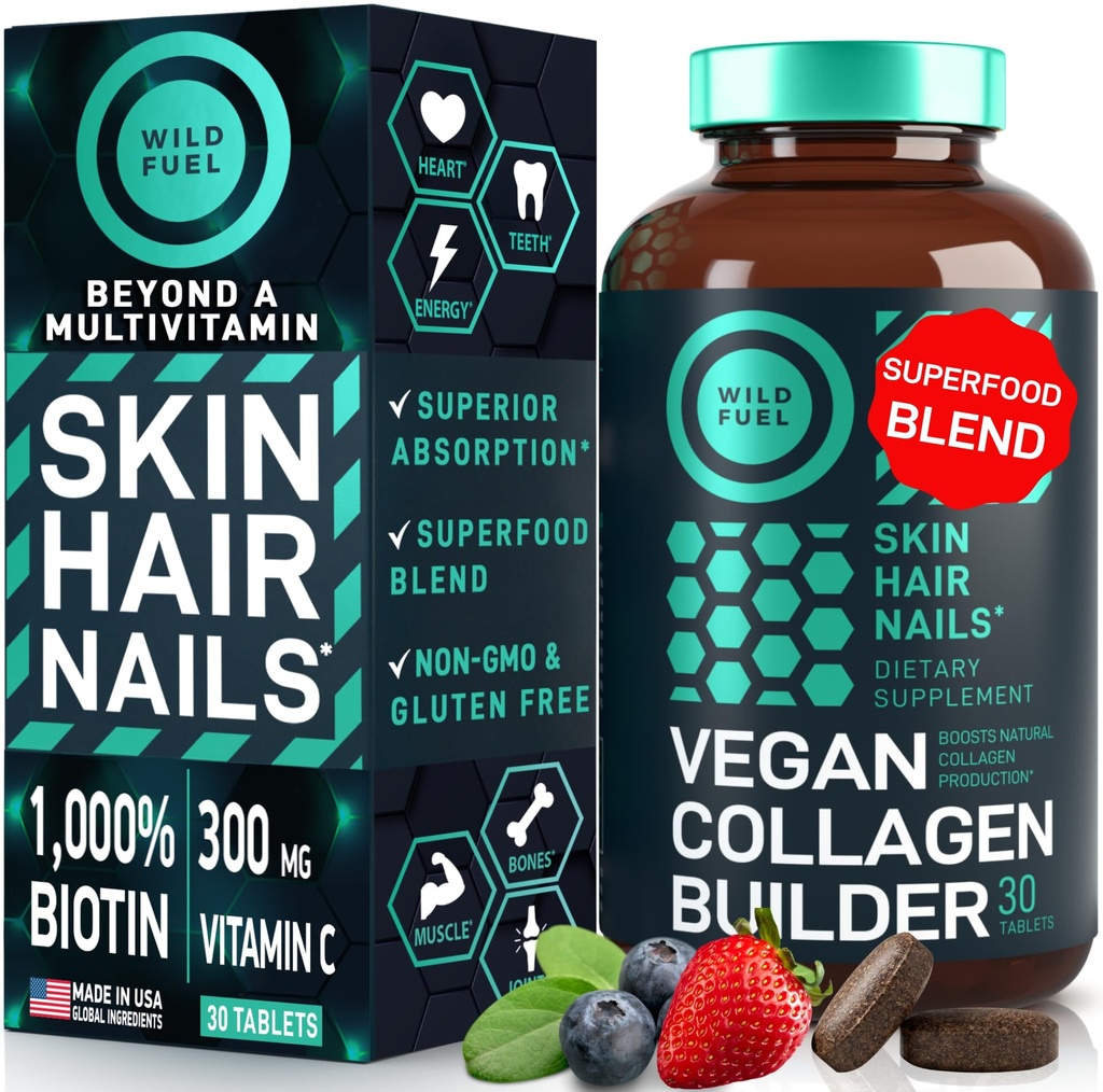 WILD FUEL Vegan Collagen Builder - Biotina, Superfood Organico, Aminoacidi Glicina, Lysine, Proline Plant-Based Collagen Booster Integratori - 30 compresse di estratto organico