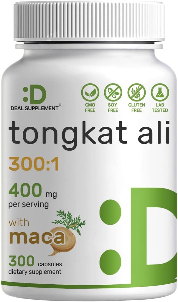 DEAL SUPPLEMENT Tongkat Ali Extract 300:1 400mg & Maca Root 400mg | 300 Kapseln, Ultra Strength Longjack (Eurycoma Longifolia) + Peru Maca – Non-GMO, Kräuterergänzung für Männer Gesundheit, Leistung