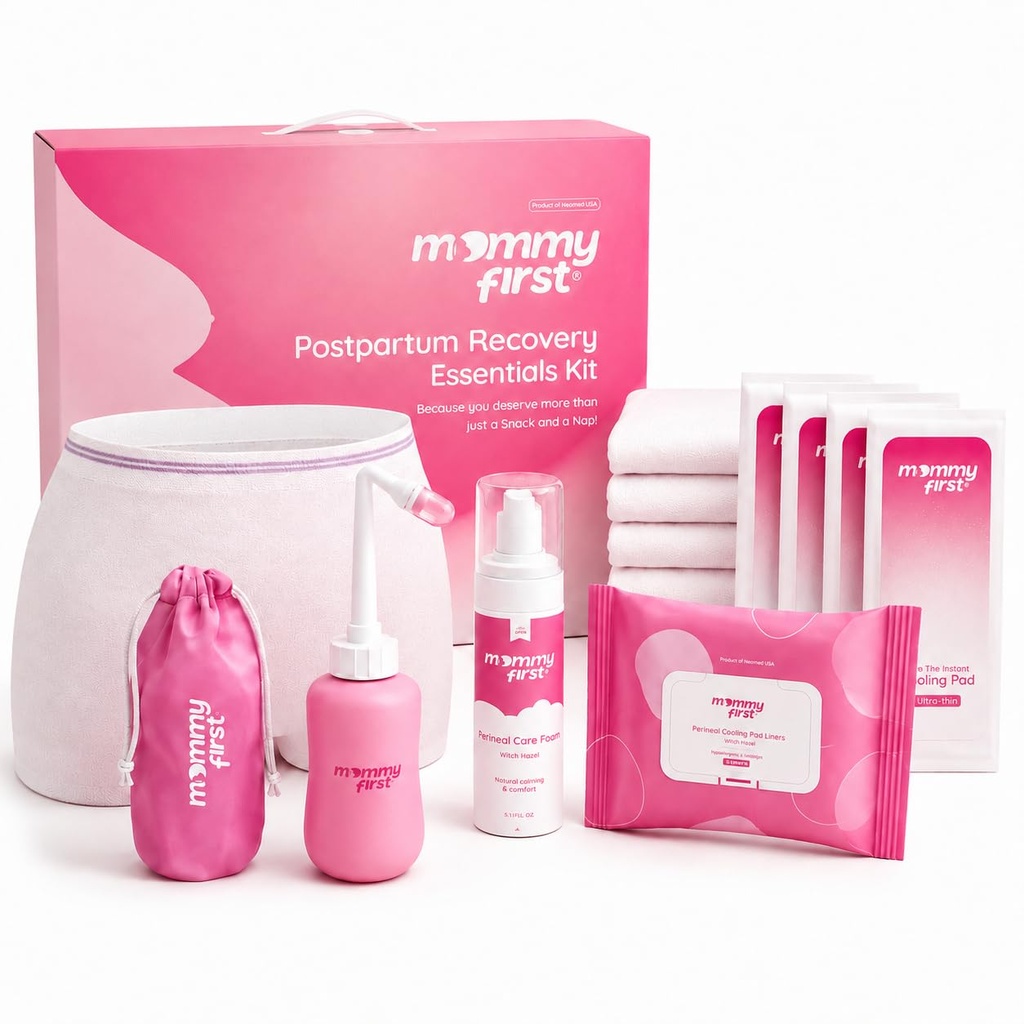 Mami First® Postpartum Essentials Recovery Kit – Next-Gen Perineal Ice Packs, Witch Hazel Heilschaum, Witch Hazel Liners, Upside Down Peri Bottle & Postpartum Unterwäsche für Postpartum Recovery