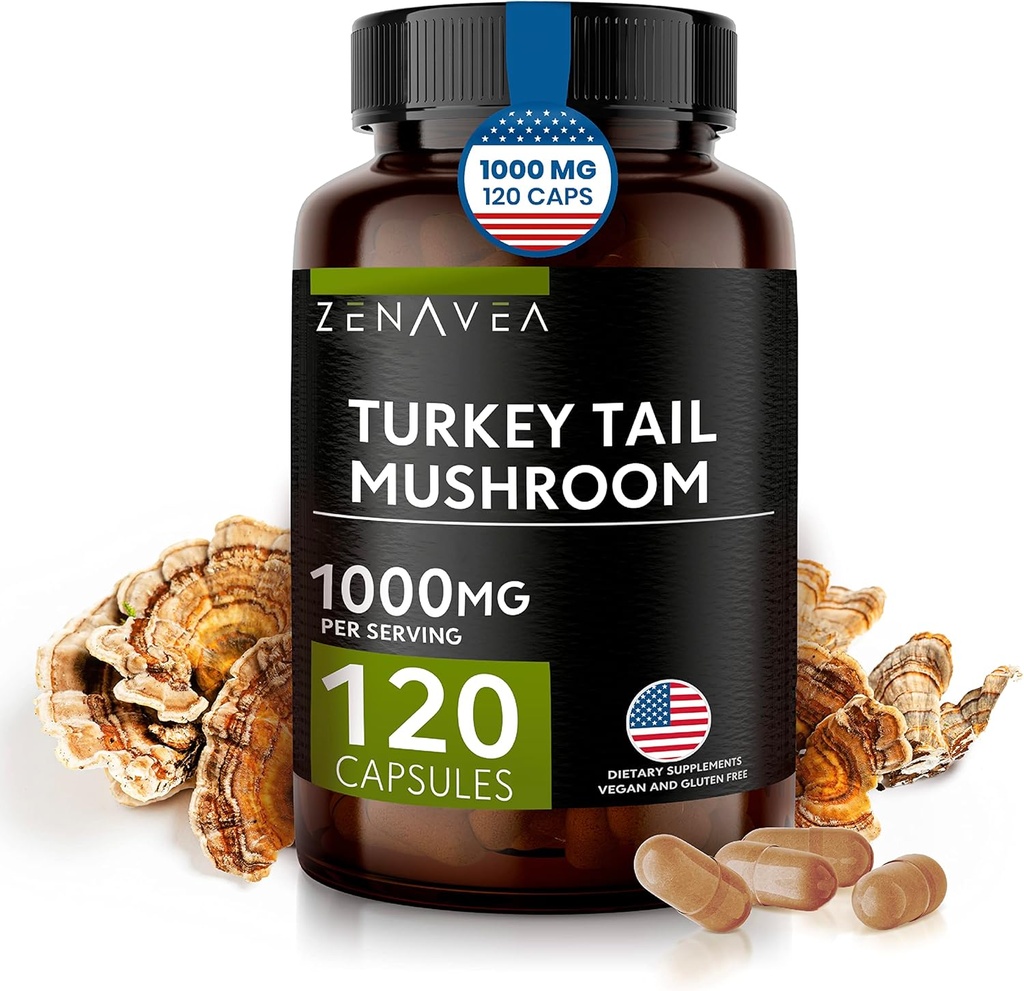 Turchia Tail Mushroom Capsule Immune System Support, Antiossidante e Proprietà Digestive - Mushrooms Supplement 1000mg - 120 Capsules - Equivalente a 15.000 mg di Organic Turkey Tail