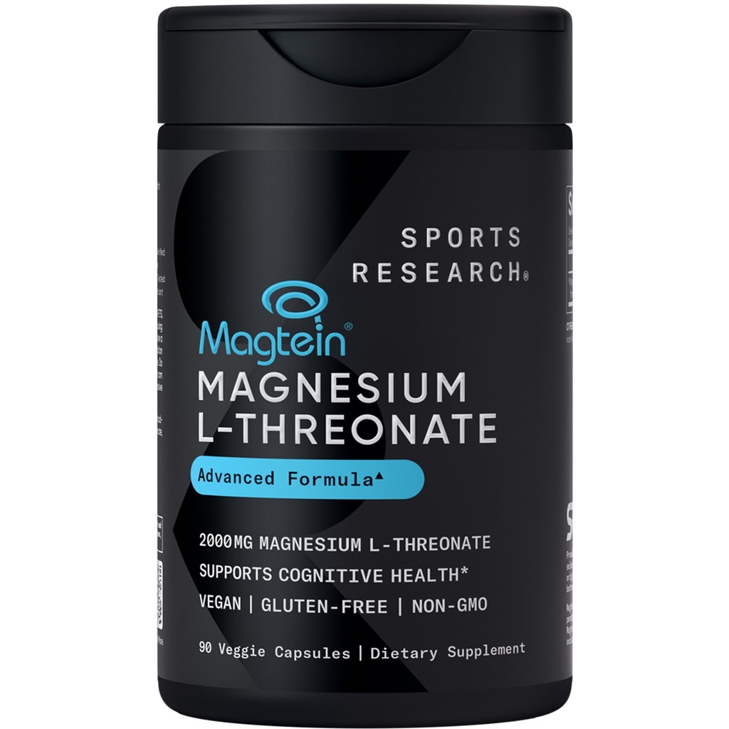 Recherche sportive Magtéin Magnésium L-Thréonate Capsules - Supplément de magnésium pour la mémoire, la focale et la cognition - Magnésium L Thréonate soutient la santé cérébrale, le sommeil et l'humeur - 2000mg, 90 Capsules pour adultes