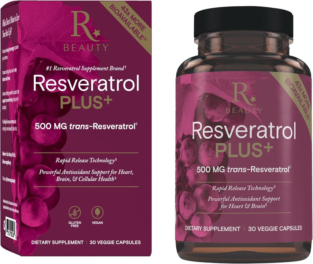 Reserve Beauty Resveratrol Plus + 500 mg - Schnell-Release Resveratrol Kapseln mit Quercetin für Immunsystem, Gehirn Gesundheit & Zelluläre Gesundheit - Gluten-Free & Vegan - 30 Veggie Kapseln