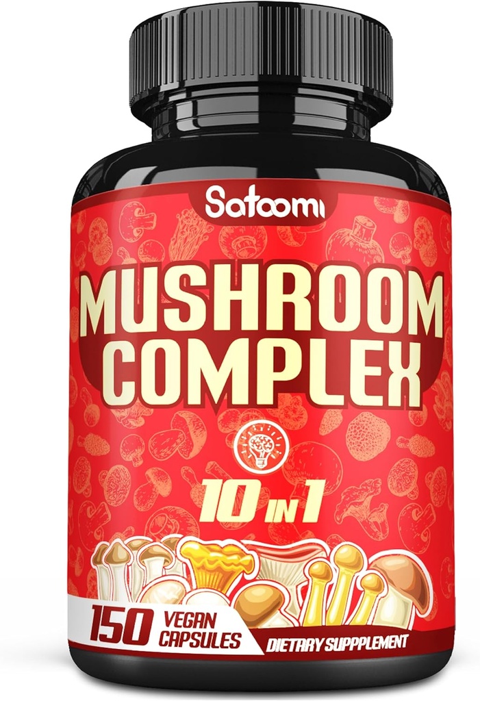 Satoomi 10in1 Mushroom Complex Supplementi - 5 mesi di alimentazione - Blended with Lions Mane, Cordyceps, Reishi, Chaga, Maitake, Shitake & Others - Supporto pannolino - 150 capsule