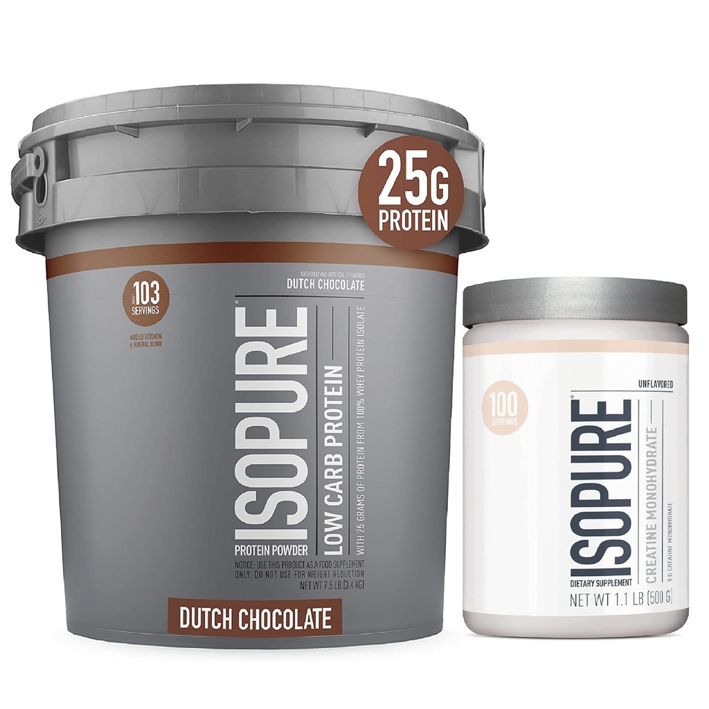 Polvere di proteina di Isopure Carb bassa con polvere di creatina 500g non aromaed, polvere di proteina Keto Friendly, isolato di proteine del siero di 100%, aroma di proteine: Cioccolato olandese, 7.5 Pounds