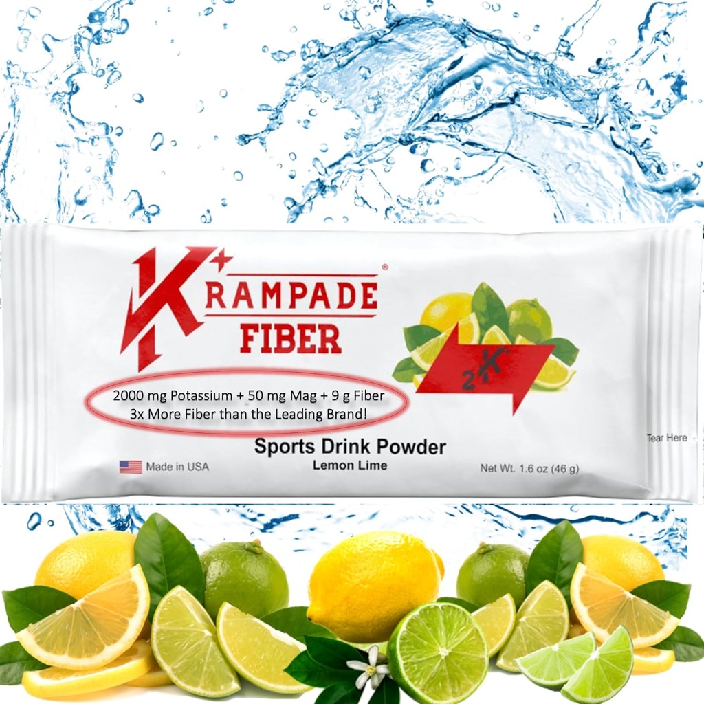 Krampade Fiber 2K High Soluble Fiber, High Potassium, Magnesium Supplement Drink Powder Mix - 2X Mehr Fiber | Reduce Cramps | (Lemon Lime, 19 Portion Bulk Pouch)