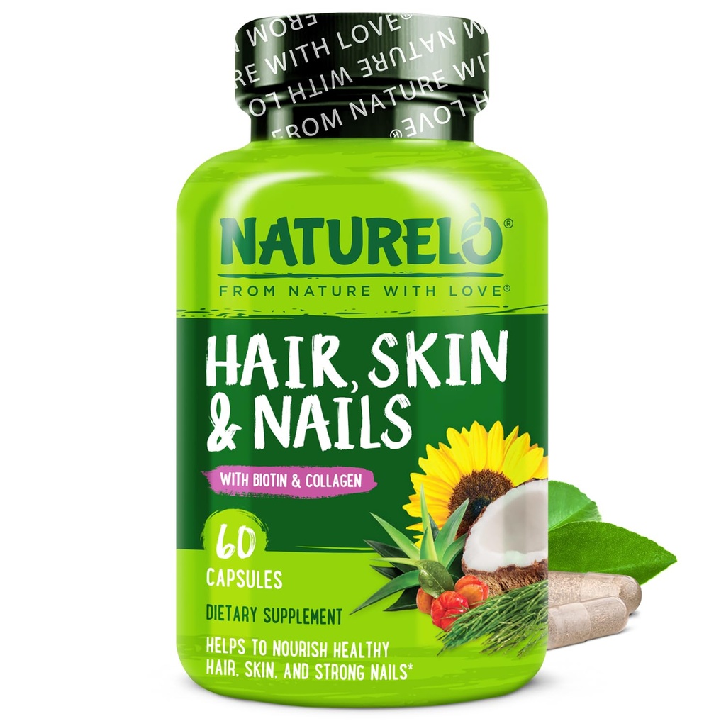 NATURELO Haar, Haut und Nägel Multivitamin - 5000 mcg Biotin, Collagen, natürliches Vitamin E - Ergänzung für gesunde Haut, Haarwachstum für Frauen und Männer 60 Kapseln