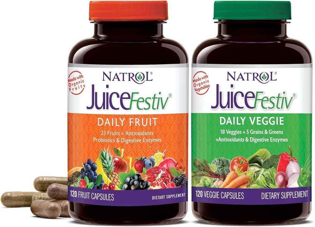 Natrol JuiceFestiv, The Ultimate Fruit and Veggie Super-Food to Support Balanced Nutrition and Overall Well-Being, Plus Antioxidants for Cellular Health, 120 Capsules (2-Count), Fino a 60 giorni di alimentazione