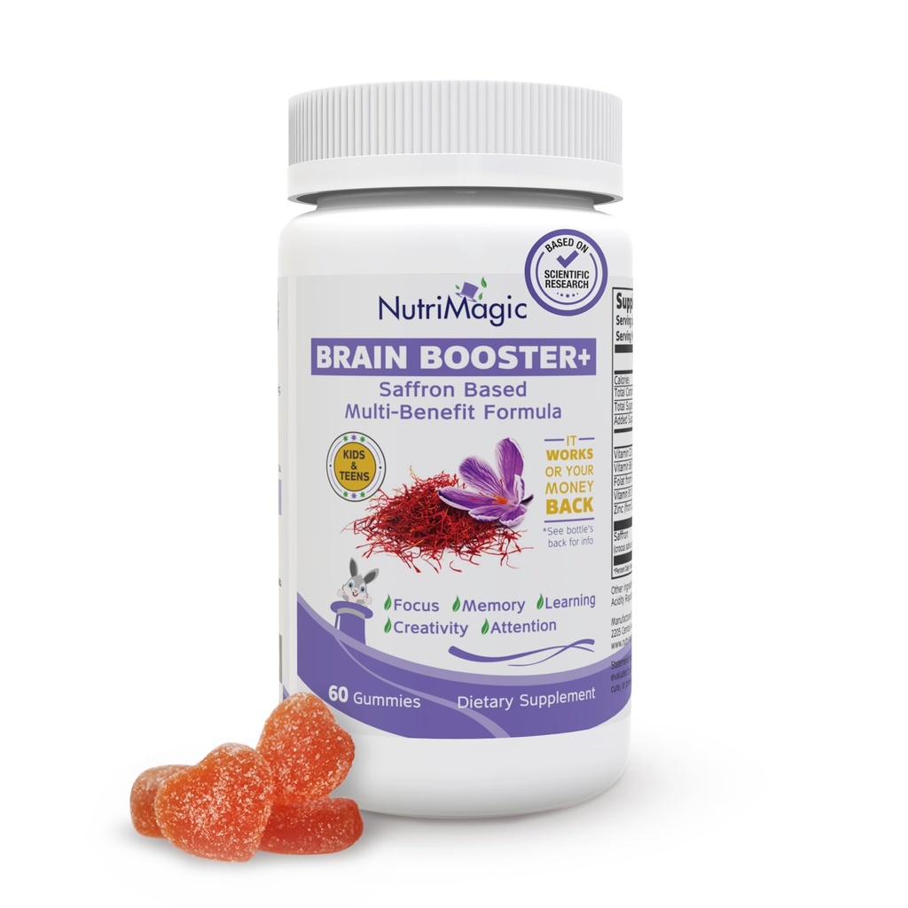 Brain Booster+ 30mg Pure Saffron Extract Gummis & Multivitamin D3, B6, B12, Zink, unterstützt Kinder Gehirn Gesundheit, Fokus, Gedächtnis, Aufmerksamkeit, Stimmung Balance, Non-GMO Kinder Supplement, 30x Servietten