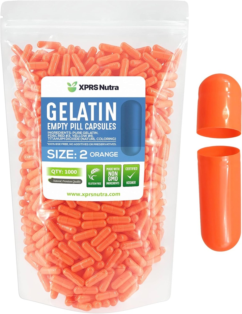 XPRS Nutra Größe 2 Leere Kapseln - 1000 Graf Leere Gelatine Kapseln - Pillen DIY Kapsel Füllung - Pure Bovine Pille Gel Kapseln für Do-It-Yourself Ergänzungen (Orange)