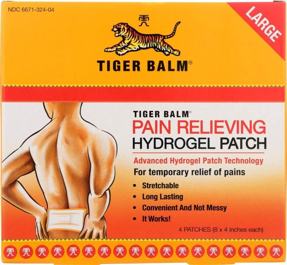 Tiger Baume Douleur soulageant grand lot, 4" x 8", 4/pack – Douleur soulageant Patch – Pour un soulagement temporaire des douleurs mineures des muscles et des articulations – Formulé avec menthol, Camphor et Capsicum – Agissant rapidement