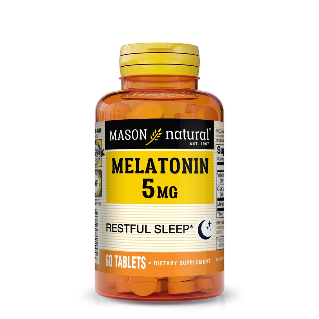 Mason Natural Melatonin 5 mg con B6 & Calcium, Natural Sleep Aid, Supporta sonno riposante, 60 compresse