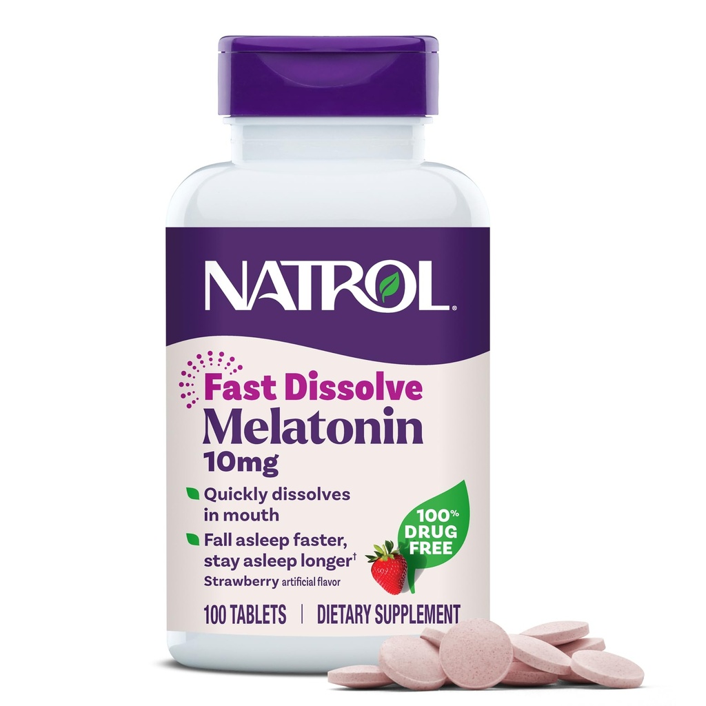 Natrol Melatonin 10mg Tovaglie di dissolve veloce - Fragola Flavor, 100 Conte, Supporto per il sonno, Melatonina dissolva veloce per adulti, alimentazione di 100 giorni