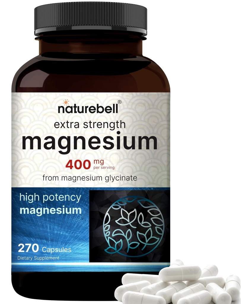 NatureBell Magnesium Glycinate 400mg Elemental, 270 Capsule | 100% Chelati per l'assorbimento elevato | Supporta il muscolo, Bone & Heart Health | Non OGM, Gluten-Free, Vegan