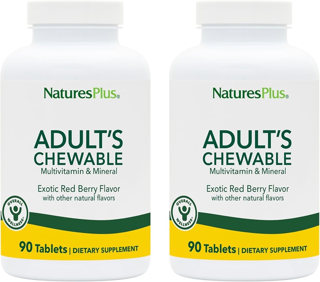NaturesPlus Adult's Chewable, Exotic Red Berry Flavor - 90 Tabletten, Paket von 2 - Multivitamin & Mineral Supplement - Vegetarisch, Glutenfrei - 180 Gesamt Servierungen