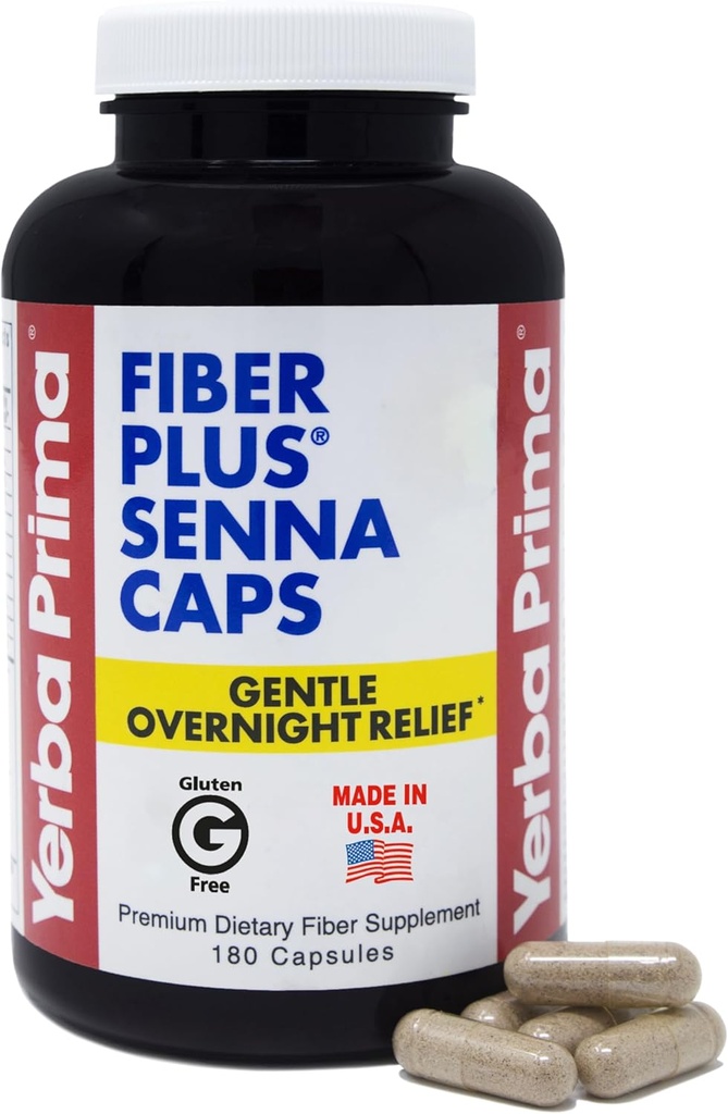 Yerba Prima Fiber Plus Senna Capsules, 180 Count - Gentle Overnight Relief, USA Made, Non-GMO, for Short-Term Use to Restore Regularity