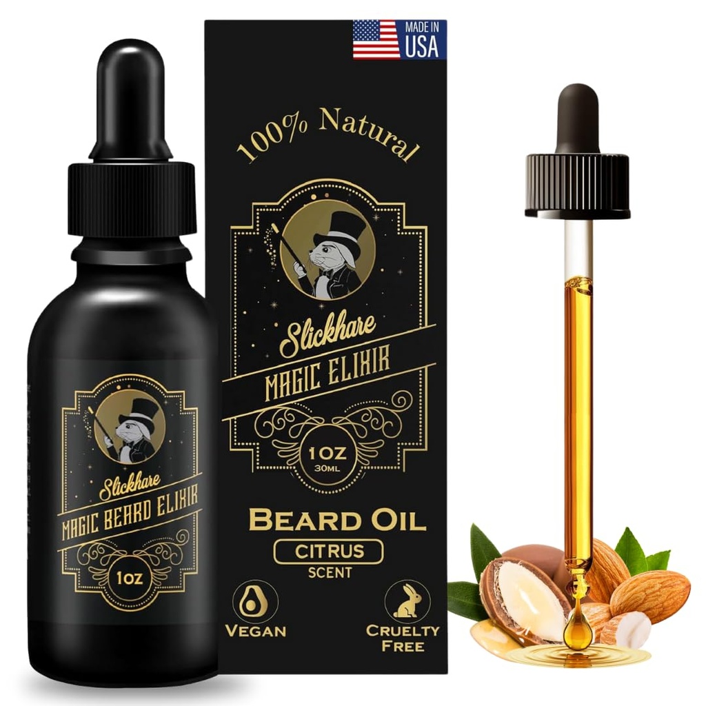 Slickhare Beard olio per gli uomini | Tutto naturale, organico Beard & Mustache olio di crescita per gli uomini | 1 Fl oz Pack di 1, fatto in USA | Regali per gli uomini, Boyfriend| Husband | Citrus Scented Beard Softener per gli uomini