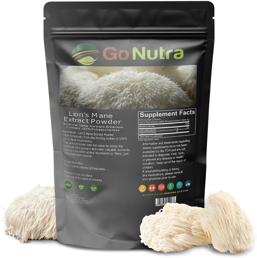 Go Nutra - Lion’s Mane Powder, Potent 10:1 Lion’s Mane Mushroom Powder mit 30% Polysacchariden, Pure Lion’s Mane Extract für Tee, Saft, Wasser und mehr, Non-GMO, Vegan, 4 Unze