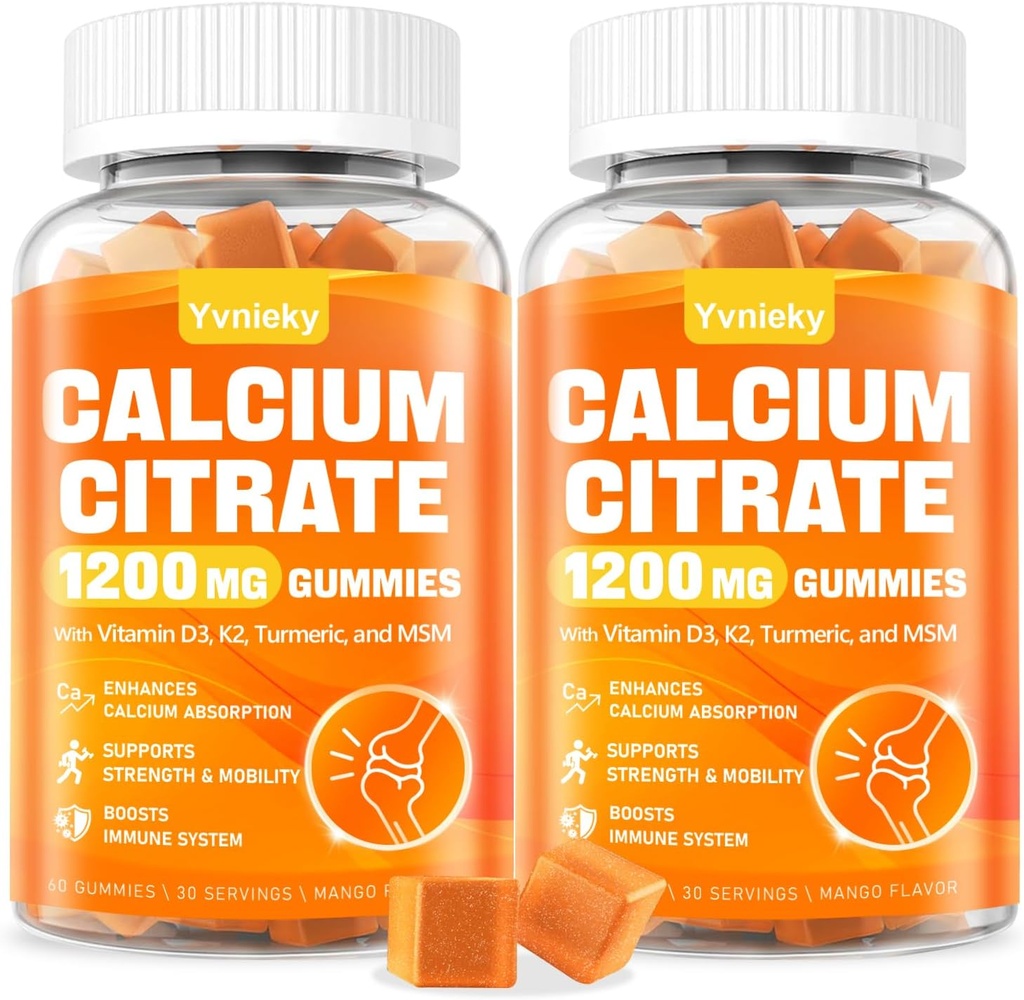 Calcium 1200 mg mit Vitamin D3 Zusatzgummis für Erwachsene - Kalzium Citrat mit Vitamin D3, K2, Kurkuma, MSM für Damen - Unterstützung Stärke Muskel Immune - Zuckerfrei, Natürliche Mango Flavor