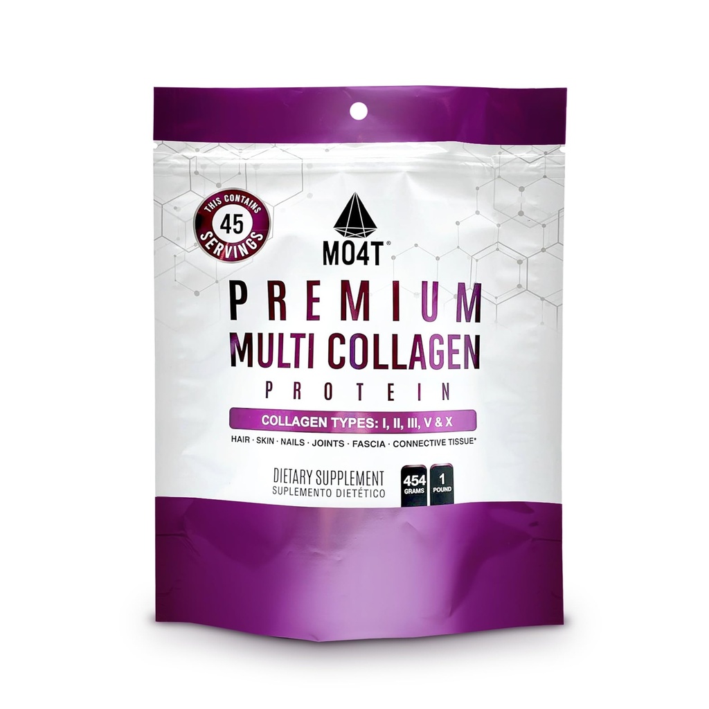 MO4T polvere multi collagene idrolizzata -Collagen Protein- Collagen Peptides-Tipo 1,2,3,5,10 -Sgar-Free, (1 Pound) Capelli, Pelle & Nail, Paleo & Keto, Non OGM