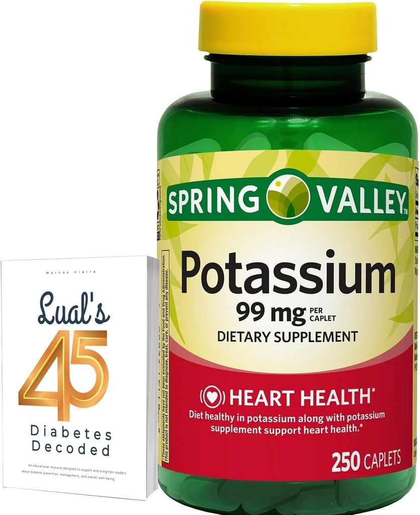 Spring Valley Potassium Cœur Santé Supplément alimentaire Caplets, 99 mg, 250 Compte, Gluconate de potassium avec 45 Diabète Décodé de Lual