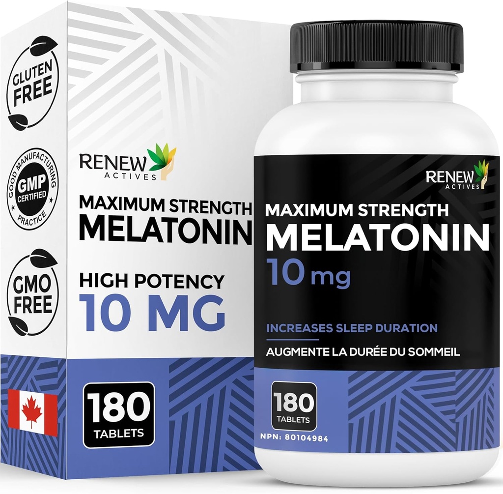 Renew Actives Melatonin 10mg per Serving – Promuove un più profondo, più lungo e ideale per la gestione del sonno, Jet Lag & per ripristinare il vostro ciclo di sonno - Made in Canada - 180 compresse