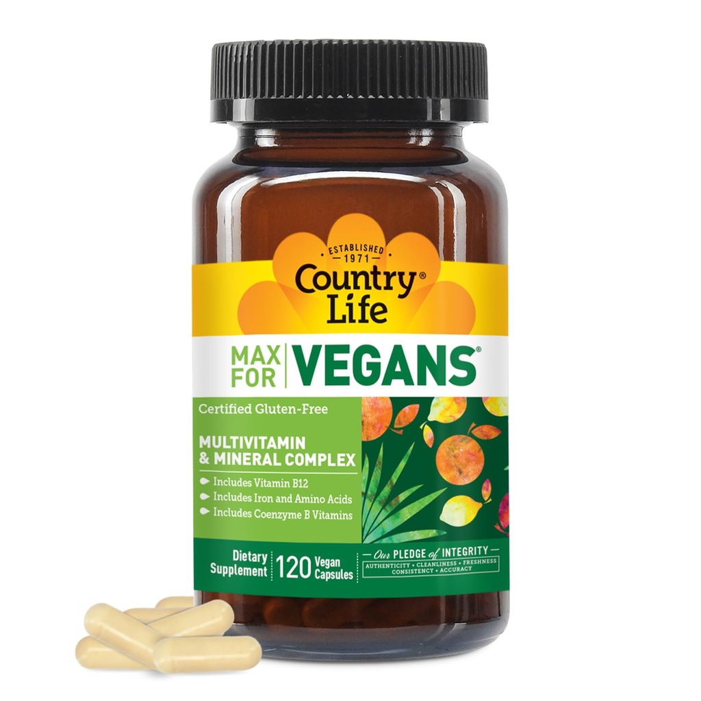 Country Life Max for Vegans - 120 Vegan Capsules - Daily Multivitamins - Immune Support Supplement - Contains Vitamin B12, Iron, Amino Acids, Coenzyme B Vitamins - Gluten-Free