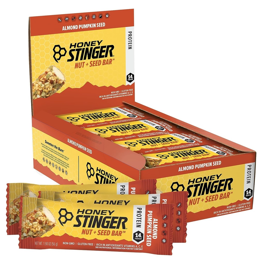 Honey Stinger Nut + Seed Bar, Mandel Kürbis Seed, Eiweiß verpackt Lebensmittel für Übung, Ausdauer, Leistung und Erholung, Sporternährung Snack Bar für Home & Gym, Post Workout, Box von 12