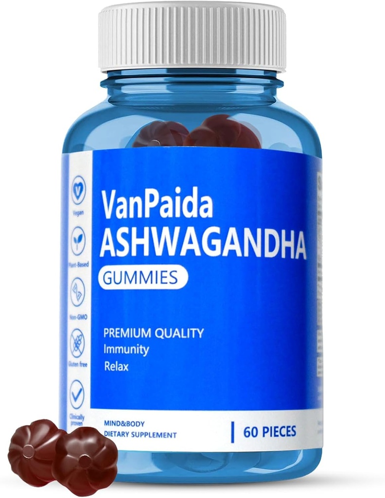 Gummies Vegan Ashwagandha, Calme, Qualité du sommeil, Suppléments de mémoire et de soutien cognitif, Relaxant, Restaurant, Vitamine D, Soutien immunitaire, Extrait de racine de Ashwagandha biologique en Afrique du Sud, Sans gluten.