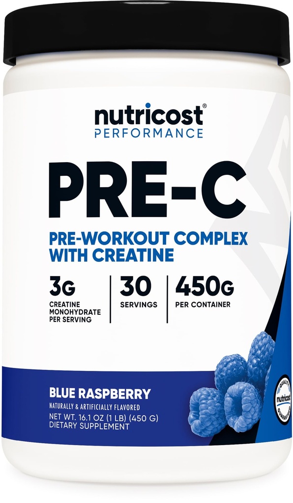 Nutricost Pre-C Pre-Workout Complex avec Créatine (Blue Rasberry) 30 portions en poudre - Boost Fintess Routines, 450g